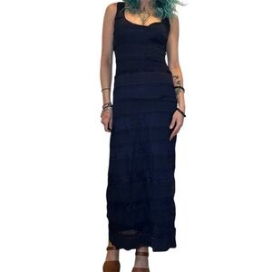 Classic Y2K Textured Navy Blue Sleeveless Maxi Dress